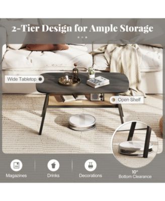 Rectangular Coffee Table 2 Tier Rattan Shelf Rubber Wood Legs