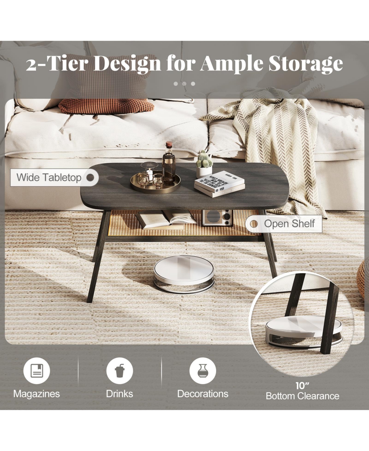 Slickblue Rectangular Coffee Table 2 Tier Rattan Shelf Rubber Wood Legs