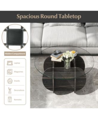 Round Coffee Table Tempered Glass Wood Base