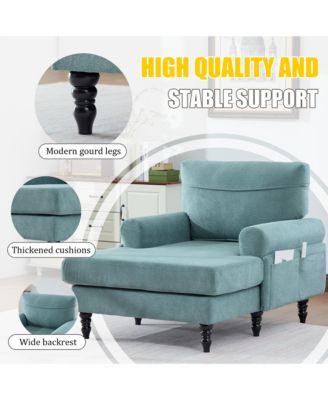 Extra Large Chenille Chaise Lounge, Modern Reclining Single Sofa with Wooden Legs and Side Pockets for Living Room, Bedroom