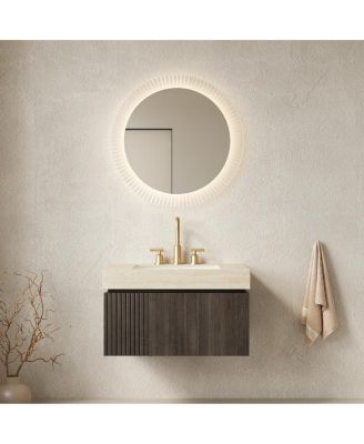 30" Wall Mounted Bathroom Vanity with Roma Travertine Sintered Stone Top, Ceramic Sink, Soft Close Drawer and Door
