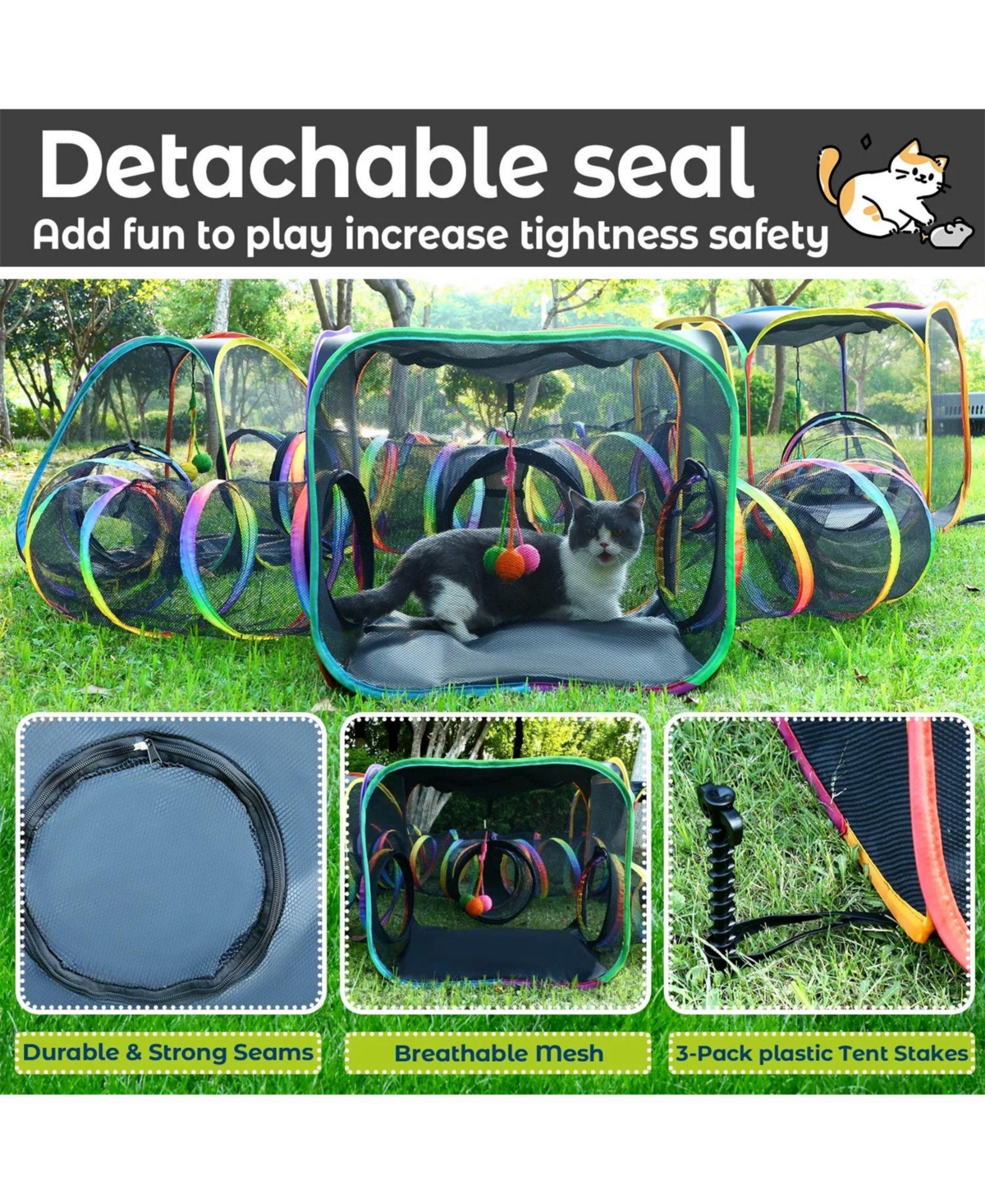 Zeus and Ruta Portable Cat Enclosure 7-in-1 Outdoor Catio Tent Tunnel Foldable Playpen Indoor Storage Bag Rainbow