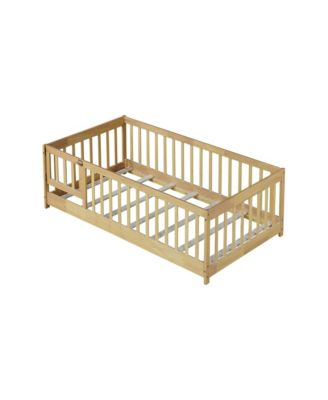 Twin Size Floor Bed with Fence and Door,Rubber Wood Floor Bed with Safety Guardrails