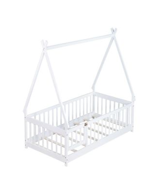 Twin Tent-shaped Floor Bed,Teepee Bed with Guardrails,Slats and Door