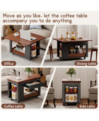 Modern Coffee Table, Multi-Tier Storage Side Table with Foldable Top and Casters, Center Table for Living Room