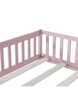 Full Size Floor Bed with Fence and Door,Rubber Wood Floor Bed with Safety Guardrails