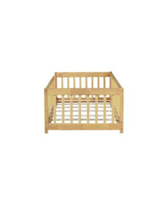 Twin Size Floor Bed with Fence without Door, Rubber Wood Floor Bed with Safety Guardrails