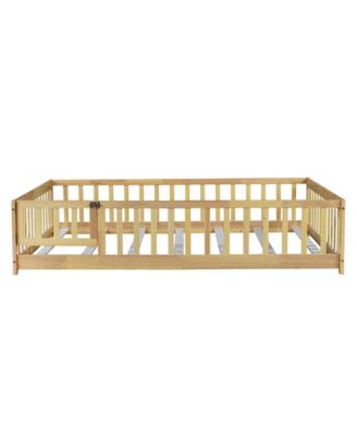 Full Size Floor Bed with Fence and Door,Rubber Wood Floor Bed with Safety Guardrails
