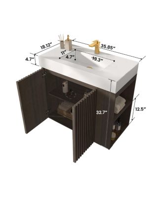 Modern Bathroom Vanity with Quartz Sink, Soft-Close Doors, Open Shelf Storage, Winston Walnut Mid-Century Fluted Cabinet