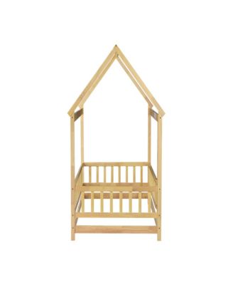 Twin Size House Floor Wooden Bed with Roof Frame,Safety Guardrails