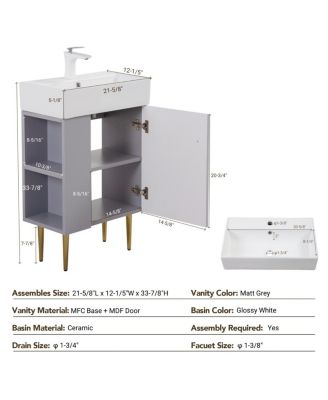 Small Bathroom Vanity with Ceramic Sink, Modern Wood Base, Soft Close Door and Open Shelves for Compact Spaces