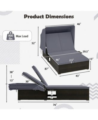 Double Patio Chaise Lounge with Retractable Canopy and Folding Trays