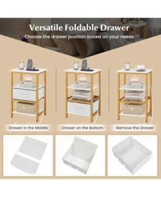 Nightstand w/Charging Station Fabric Drawer and Open Storage Shelves Metal Frame