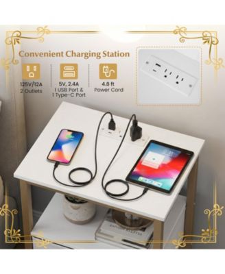 Nightstand w/Charging Station Set of 2 w/Fabric Drawer and Open Storage Shelves