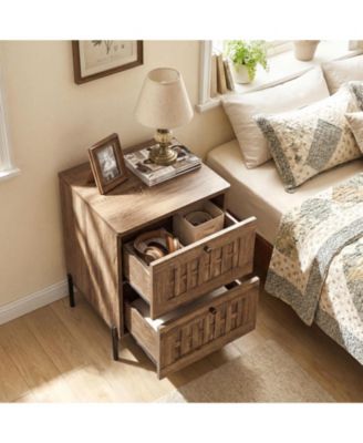 2PCS-Nightstand w/2 Woven Storage DrawersMetal Support LegsBedroomRustic Oak