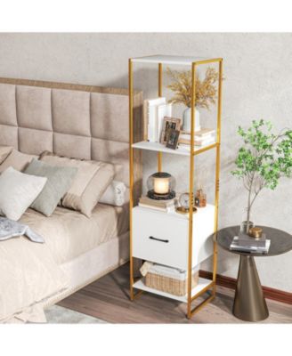 5-Tier Narrow Bookcase with Storage Drawer and Metal Frame