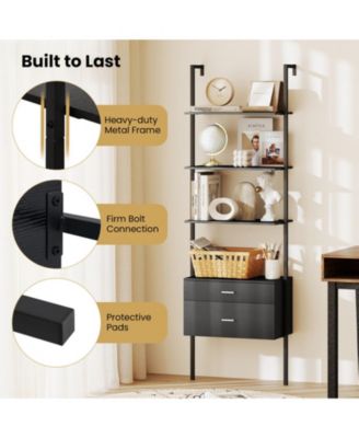 6-Tier Ladder Bookcase with 2 Drawers and Metal Frame