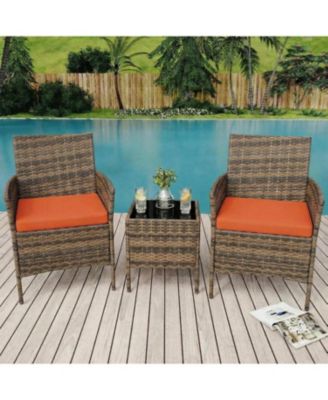 3-Piece Rattan Conversation Set with Tempered Glass Table