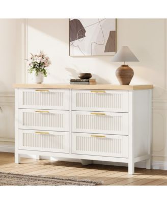 6 Drawer Ribbed Wooden Dresser, 47.5 Inch Wide Bedroom Storage Dresser and TV Stand