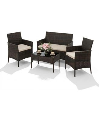 4-Piece All-Weather PE Patio Bistro Set, Cushions and Glass Table
