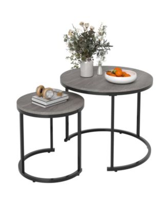 Oak Round Nesting Coffee Tables Set of 2 Stackable