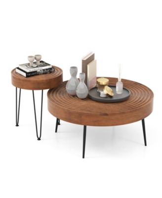 Set of 2 Solid Wood Farmhouse Round Coffee Tables Ring Design