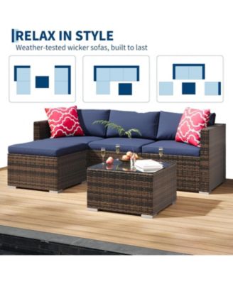 5-Piece All-Weather Wicker Patio Sectional Sofa Set with Ottoman and Glass Table
