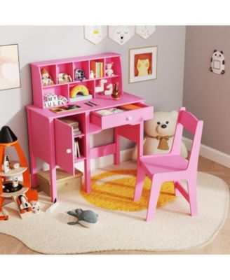 Kids Study Desk and Chair Set with Hutch and Storage Cabinet