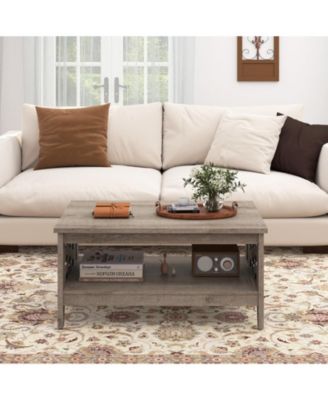 Farmhouse 2-Tier Coffee Table with Open Shelf and Woven Decor for Living Room