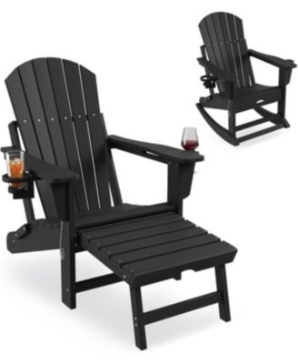 Folding Adirondack Rocking Chair with Retractable Ottoman and Cup Holders, HDPE All-Weather Outdoor Chair for Porch