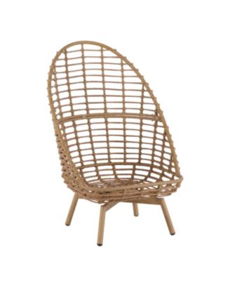 Outdoor Wicker High-back Swivel Lounge Chair with Teak Finished Leg, Faux Rattan and Cushion