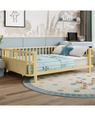 Full Size Kids Double Wooden Platform Bed with Safety Railings