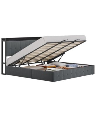 Lift Up Bed Frame, Upholstered Bed with Button Tufted Wingback Storage Headboard, Hydraulic Storage, No Box Spring Needed, Wood Slats Support