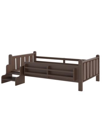 Twin Size Floor Bed with Stairs and Bookcase, Solid Wood Low Profile Bed Frame with Guardrails, Kids Bed for Boys Girls, 350 LBS Capacity