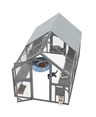 Large Outdoor Cat Enclosure Wooden Shelter 7 Platforms 2 Resting Boxes Bridges Waterproof UV Proof Canopy