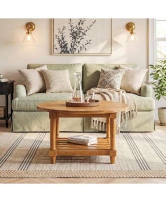 Round Coffee Table, 31.5" Farmhouse Solid Wood Center Table with Storage, 2-Tier Circle Accent Table