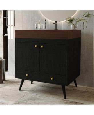 30" Freestanding Bathroom Vanity with Walnut Faux Marble Top, Ceramic Sink, Soft Close Storage for Small Bathrooms
