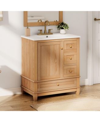 30 Inch Natural Wood Color Bathroom Vanity with Ceramic Sink Freestanding Cabinet Solid Rubberwood Legs Soft Close Doors and Drawers
