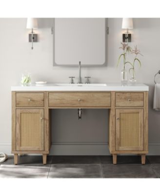 60 Inch Bathroom Vanity with Sink Modern Spacious Storage Cabinet Soft Close Drawers Tip Out Tray Solid Wood Legs Silver Knobs Wood Color