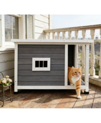 Outdoor Cat House with WP Roof Vent Windows Metal Support Gray Spacious Stylish Pet Shelter