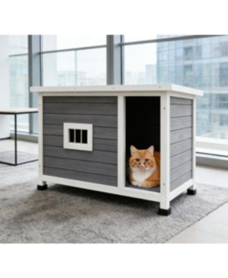 Outdoor Cat House with WP Roof Vent Windows Metal Support Gray Spacious Stylish Pet Shelter