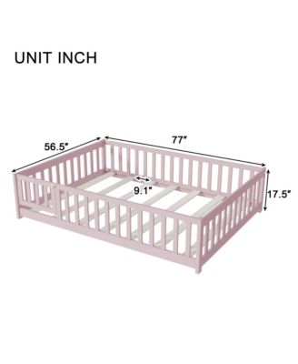 Full Size Rubber Wood Floor Bed with Fence Door and Safety Guardrails