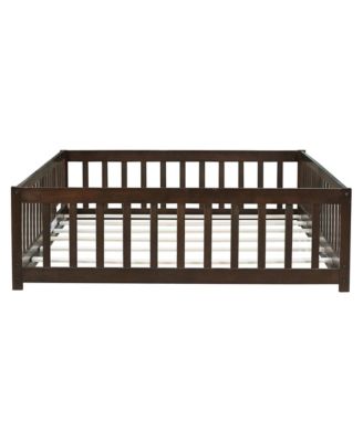 Full Size Rubber Wood Floor Bed with Fence Door and Safety Guardrails