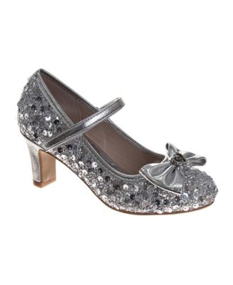 Little Girls Sequin Dress Heels with Bow, Mary Jane Strap.