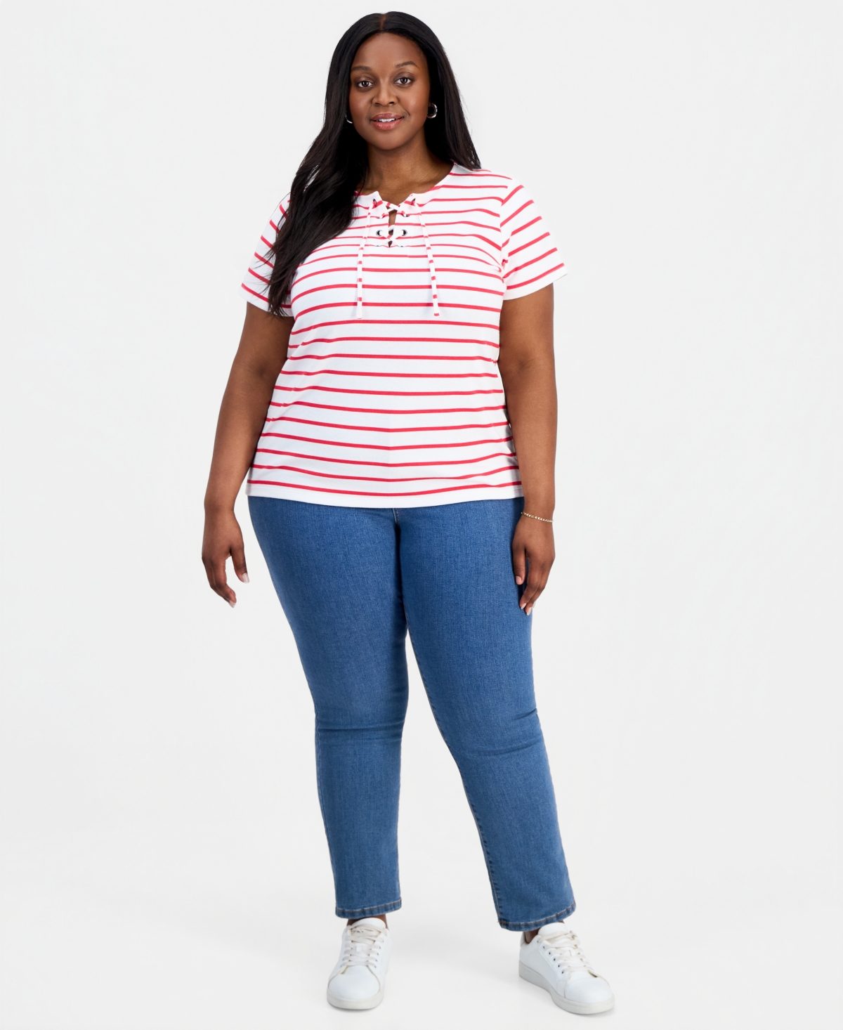 Style & Co Plus Striped Lace-Up Short-Sleeve Top