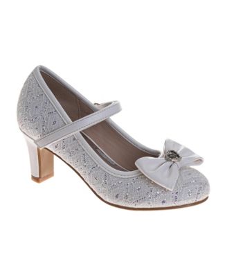 Little Girls Sparkle Lace Dress Shoes with Bow Accent and Block Heel.