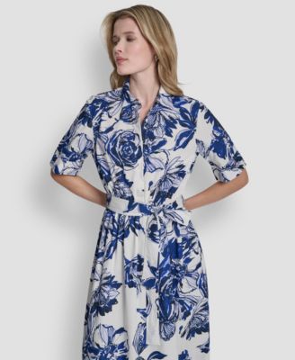 Women's Elbow-Sleeve Button-Front Shirt Dress