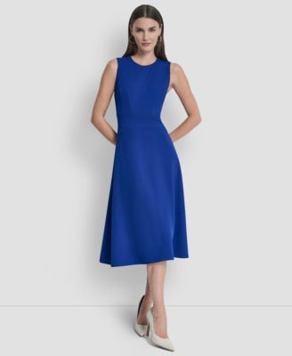 Women's Sleeveless Jewel Neck Fit and Flare Scuba Crepe Midi Dress