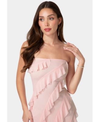 Women's Strapless Mesh Ruffle Maxi Dress