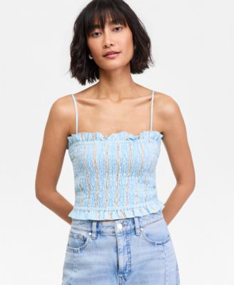 Women's Linen Blend Smocked Cropped Tube Top